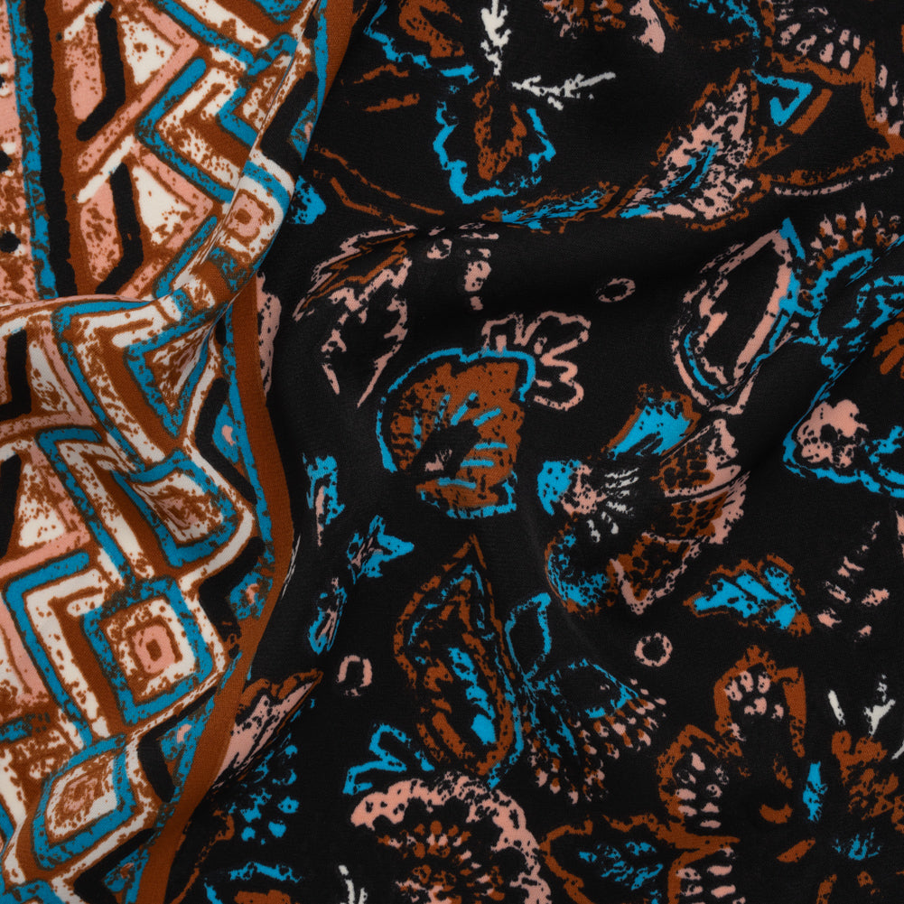 Satin-Faced Fluid Polyester Woven Print - Black, Russet Brown and Turquoise Blue Floral and Geometric Borders - Designer Deadstock Satin-Faced Fluid Polyester Woven Print - Black, Russet Brown and Turquoise Blue Floral and Geometric Borders - Designer Deadstock