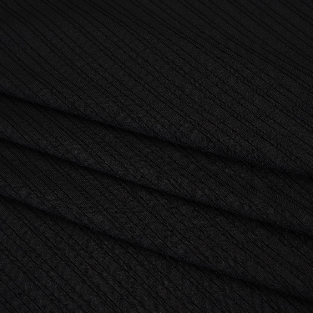 Stretch Polyester Barcode Rib Knit - Black - Designer Deadstock - Folded Stretch Polyester Barcode Rib Knit - Black - Designer Deadstock - Folded