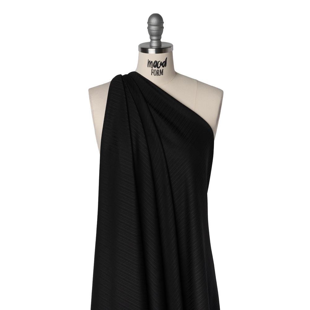 Stretch Polyester Barcode Rib Knit - Black - Designer Deadstock - Drape Stretch Polyester Barcode Rib Knit - Black - Designer Deadstock - Drape