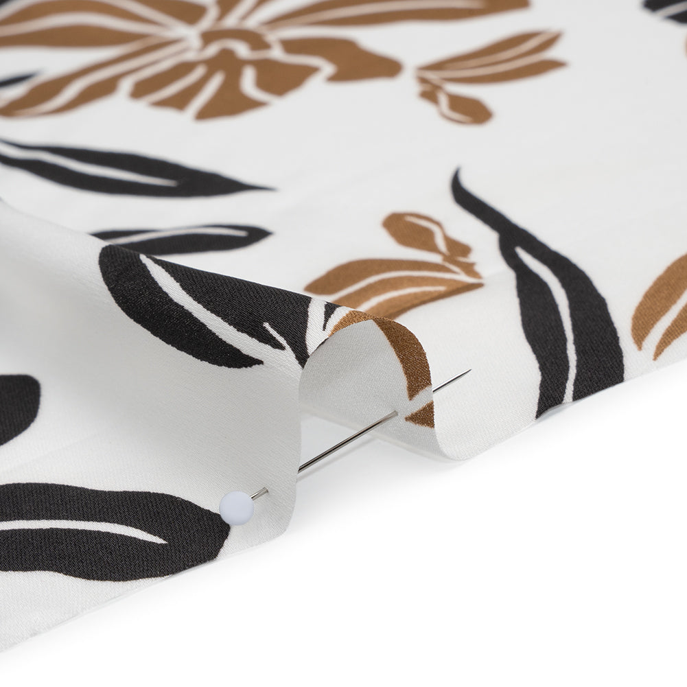 Stretch Polyester Charmeuse Print - White, Black and Brown Daffodils - Designer Deadstock - Detail Stretch Polyester Charmeuse Print - White, Black and Brown Daffodils - Designer Deadstock - Detail