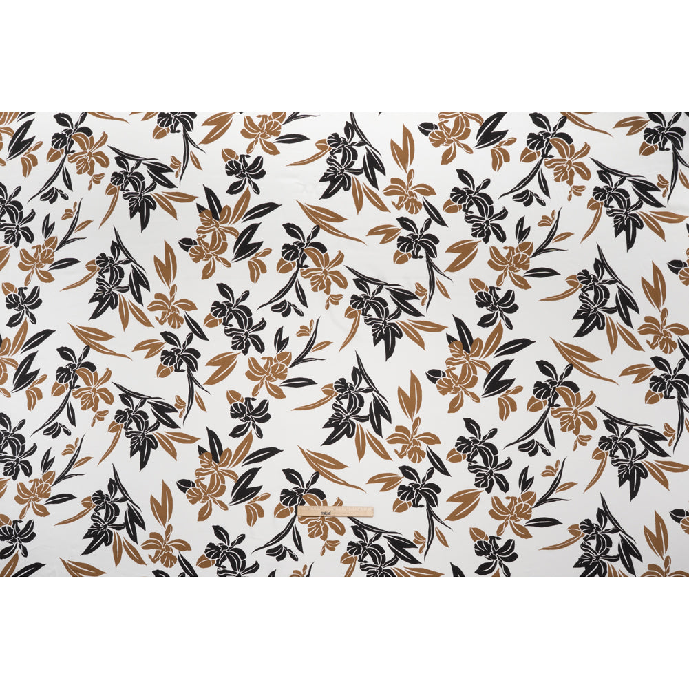 Stretch Polyester Charmeuse Print - White, Black and Brown Daffodils - Designer Deadstock - Full Stretch Polyester Charmeuse Print - White, Black and Brown Daffodils - Designer Deadstock - Full