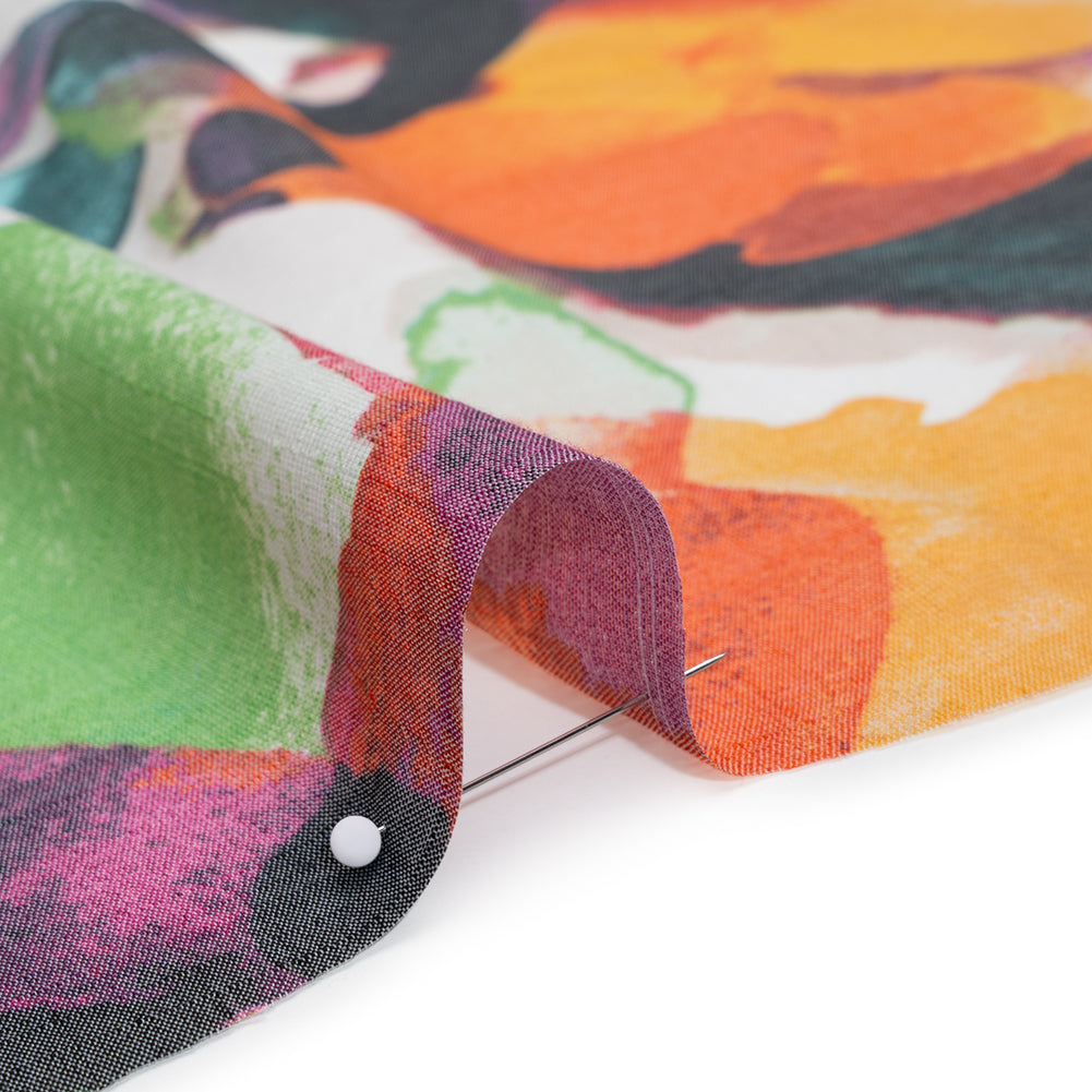 Textured Gauzy Rayon and Polyester Woven Print - Orange, Plum Purple and Grass Green Watercolor Florals - Designer Deadstock - Detail Textured Gauzy Rayon and Polyester Woven Print - Orange, Plum Purple and Grass Green Watercolor Florals - Designer Deadstock - Detail