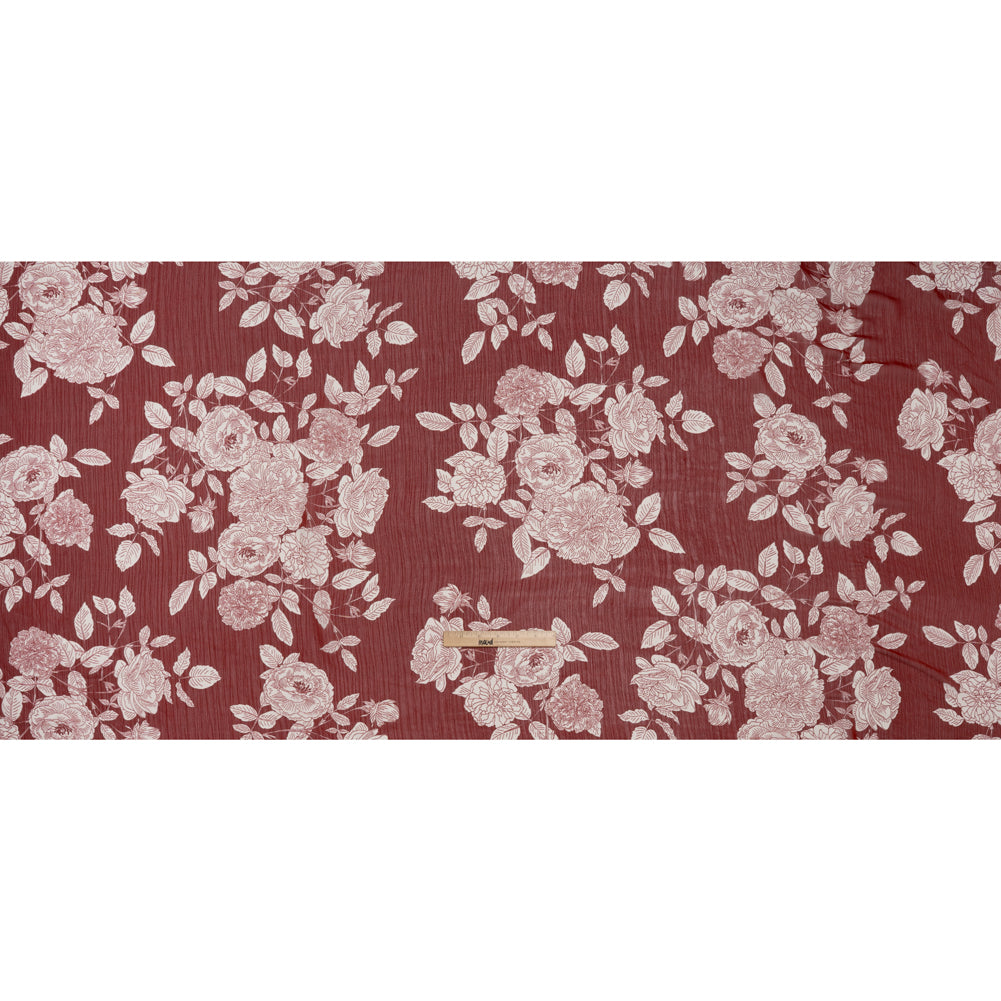Crinkled Polyester Chiffon Print - Burgundy and White Floral - Designer Deadstock - Full Crinkled Polyester Chiffon Print - Burgundy and White Floral - Designer Deadstock - Full