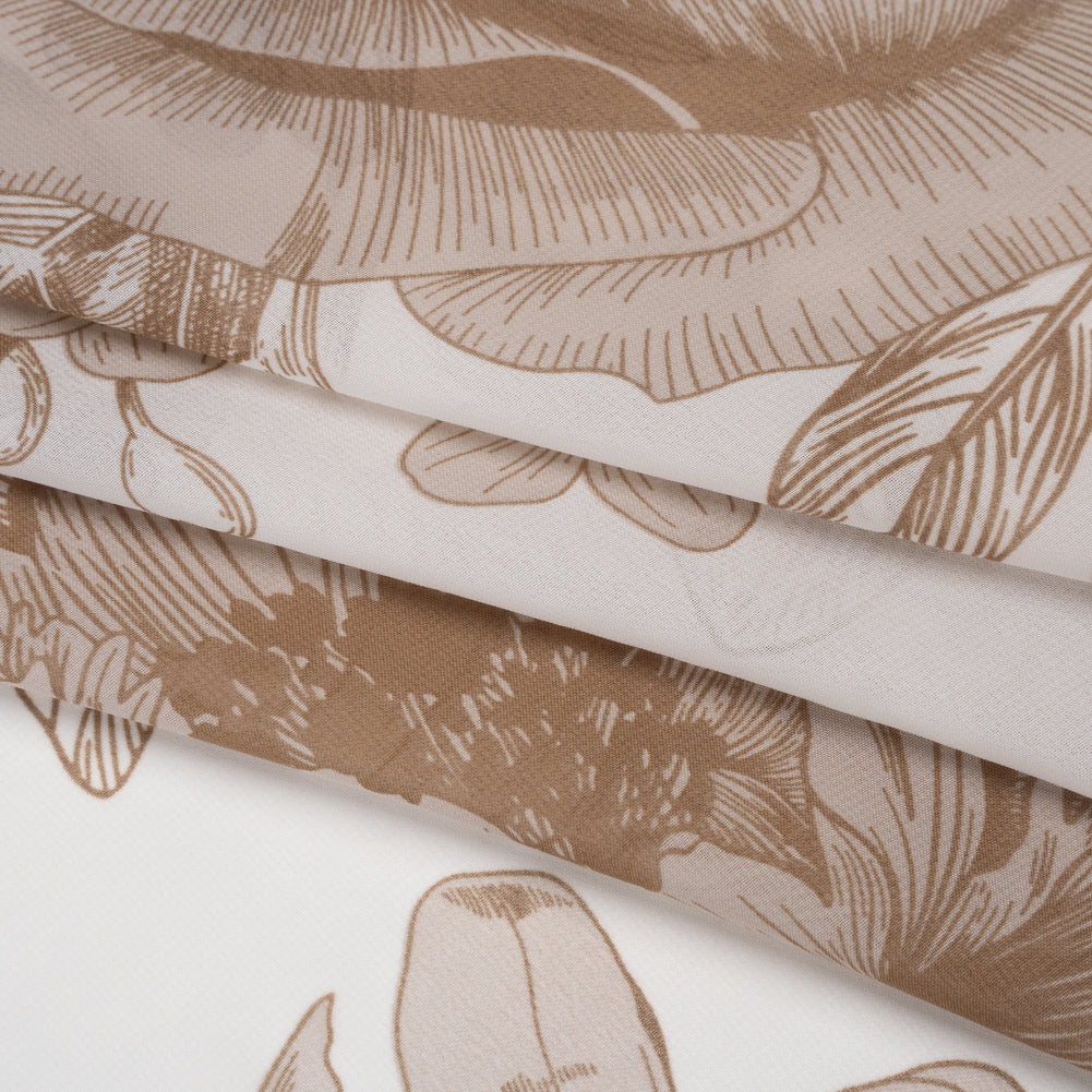 Polyester Chiffon Print - Cream and Mocha Brown Big Roses - Designer Deadstock Folded Polyester Chiffon Print - Cream and Mocha Brown Big Roses - Designer Deadstock Folded
