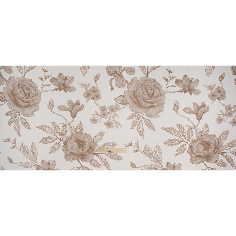 Polyester Chiffon Print - Cream and Mocha Brown Big Roses - Designer Deadstock - Full Polyester Chiffon Print - Cream and Mocha Brown Big Roses - Designer Deadstock - Full