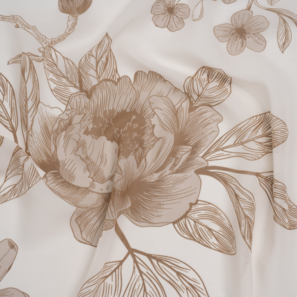 Polyester Chiffon Print - Cream and Mocha Brown Big Roses - Designer Deadstock Polyester Chiffon Print - Cream and Mocha Brown Big Roses - Designer Deadstock