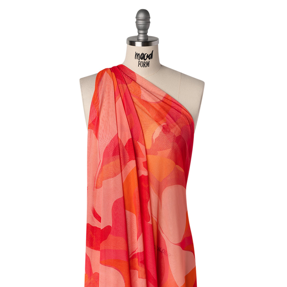 Knit Polyester Mesh Print - Red, Pink and Orange Abstract - Designer Deadstock Drape Knit Polyester Mesh Print - Red, Pink and Orange Abstract - Designer Deadstock Drape