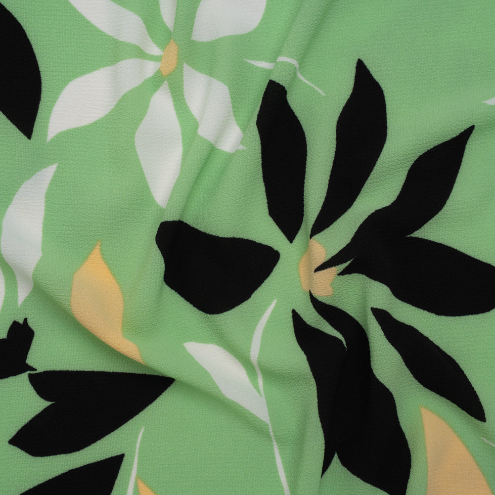 Puckered Stretch Polyester Crepe Print - Summer Green, Black and Beige Simple Flowers - Designer Deadstock Puckered Stretch Polyester Crepe Print - Summer Green, Black and Beige Simple Flowers - Designer Deadstock
