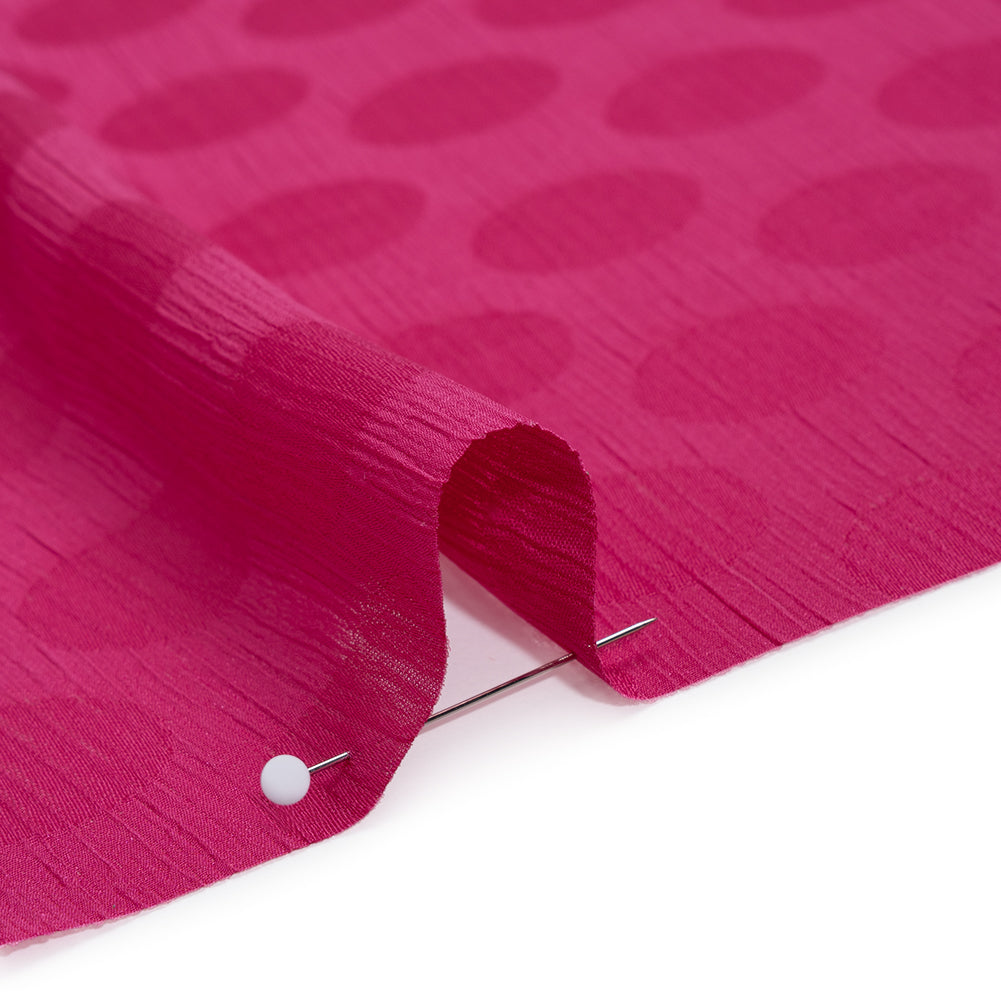 Crinkled Polyester Satin-Face Chiffon Jacquard - Fuchsia Polka Dots - Designer Deadstock - Detail Crinkled Polyester Satin-Face Chiffon Jacquard - Fuchsia Polka Dots - Designer Deadstock - Detail
