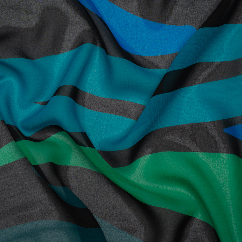 Polyester Chiffon Print - Green, Blue and Black Abstract - Designer Deadstock Polyester Chiffon Print - Green, Blue and Black Abstract - Designer Deadstock