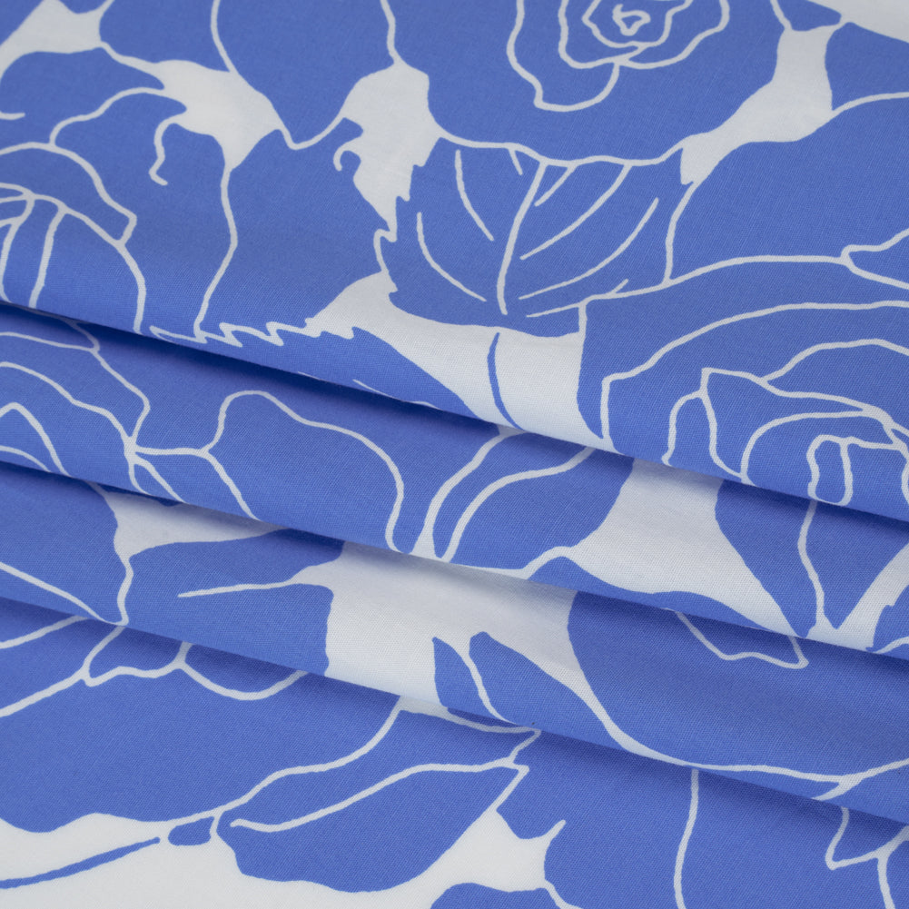 Stretch Cotton Shirting Print - French Blue and White Roses - Designer Deadstock - Folded Stretch Cotton Shirting Print - French Blue and White Roses - Designer Deadstock - Folded