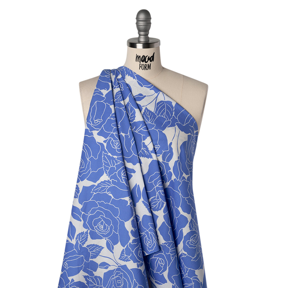 Stretch Cotton Shirting Print - French Blue and White Roses - Designer Deadstock - Drape Stretch Cotton Shirting Print - French Blue and White Roses - Designer Deadstock - Drape