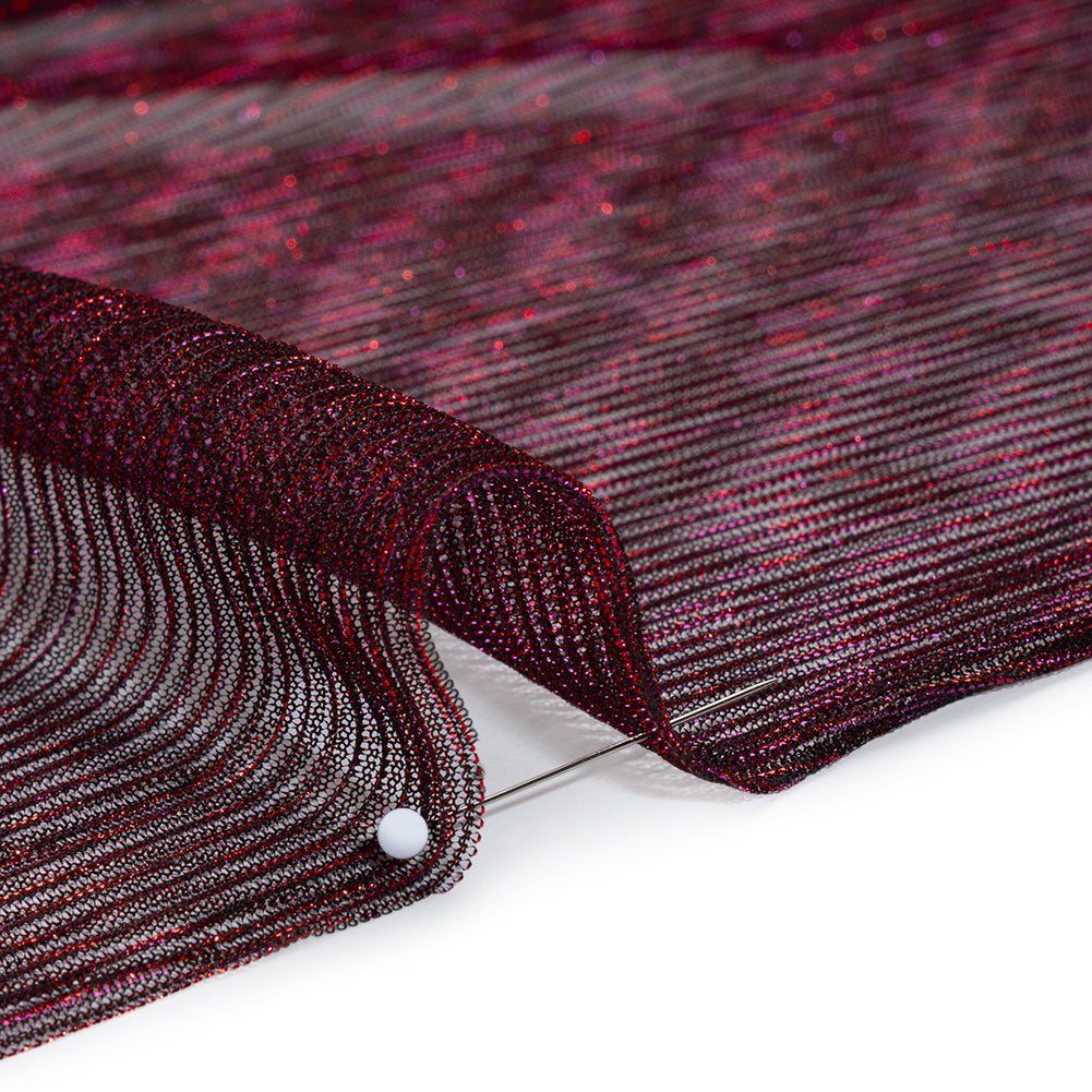 Metallic Sheer Polyester Knit Plisse - Magenta, Orange and Black - Designer Deadstock Detail Metallic Sheer Polyester Knit Plisse - Magenta, Orange and Black - Designer Deadstock Detail
