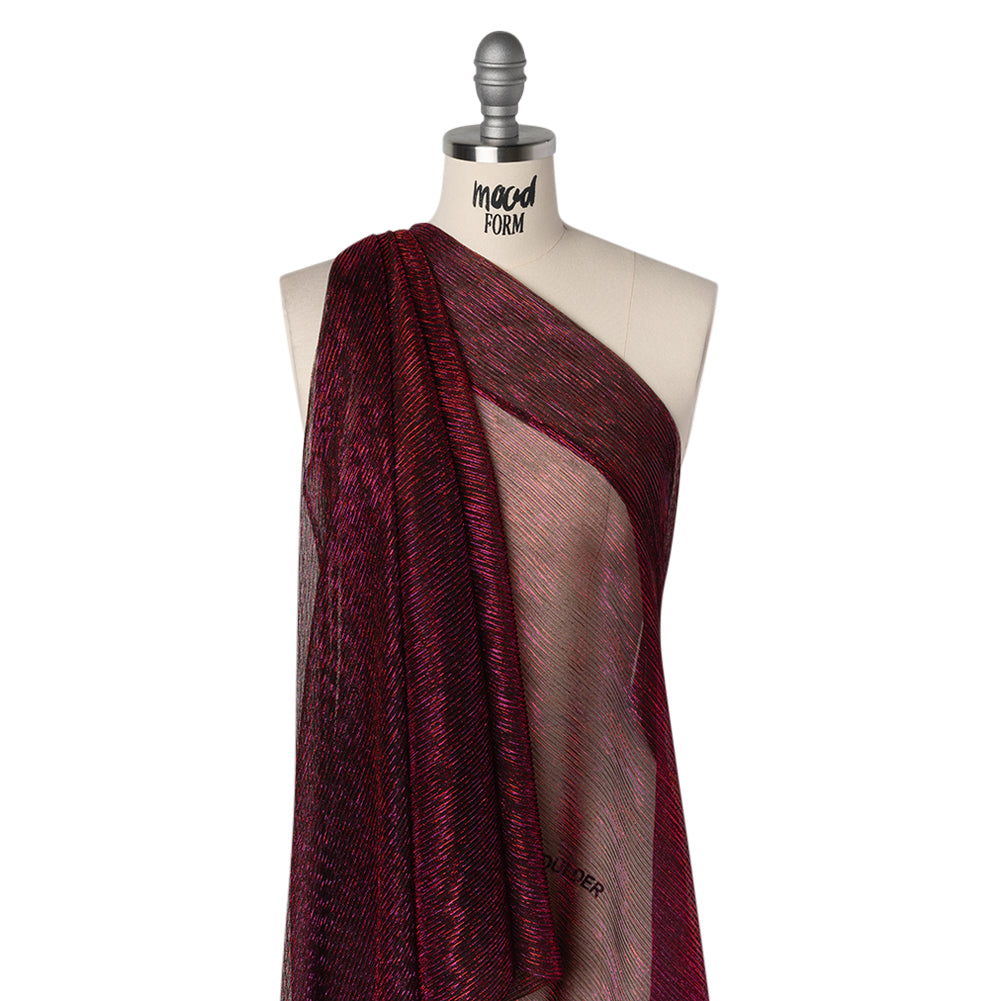 Metallic Sheer Polyester Knit Plisse - Magenta, Orange and Black - Designer Deadstock Drape Metallic Sheer Polyester Knit Plisse - Magenta, Orange and Black - Designer Deadstock Drape