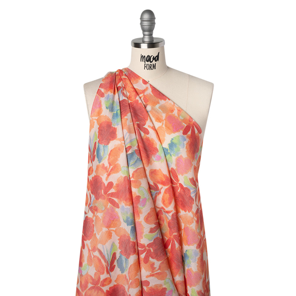 Textured Gauzy Rayon and Polyester Woven Print - Orange, Coral and Blue Painterly Florals - Designer Deadstock - Drape Textured Gauzy Rayon and Polyester Woven Print - Orange, Coral and Blue Painterly Florals - Designer Deadstock - Drape