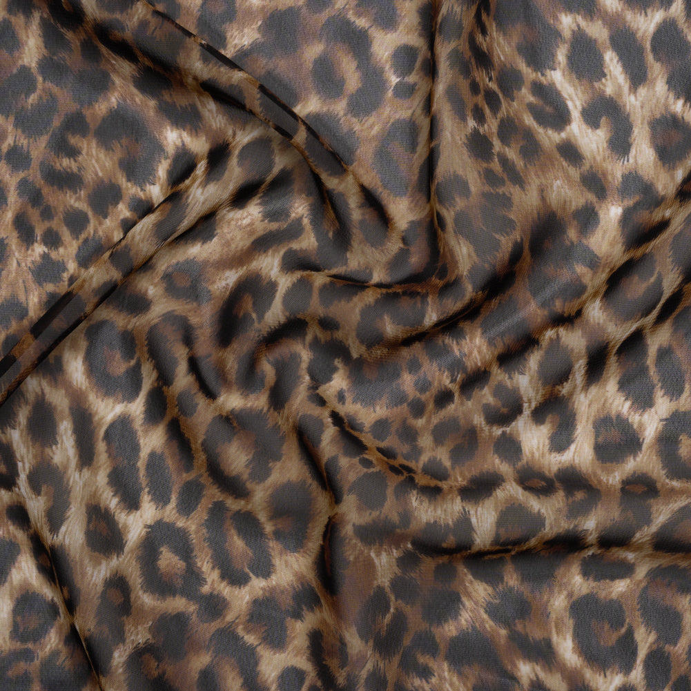 Polyester Chiffon Print - Brown and Black Leopard Spots - Designer Deadstock Polyester Chiffon Print - Brown and Black Leopard Spots - Designer Deadstock