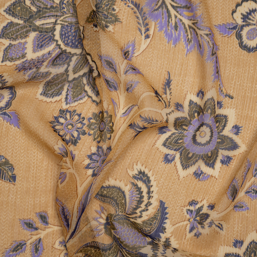 Crinkled Polyester Chiffon Print - Gilded Beige, Lavender and Dark Blue Jacobean Floral - Designer Deadstock Crinkled Polyester Chiffon Print - Gilded Beige, Lavender and Dark Blue Jacobean Floral - Designer Deadstock