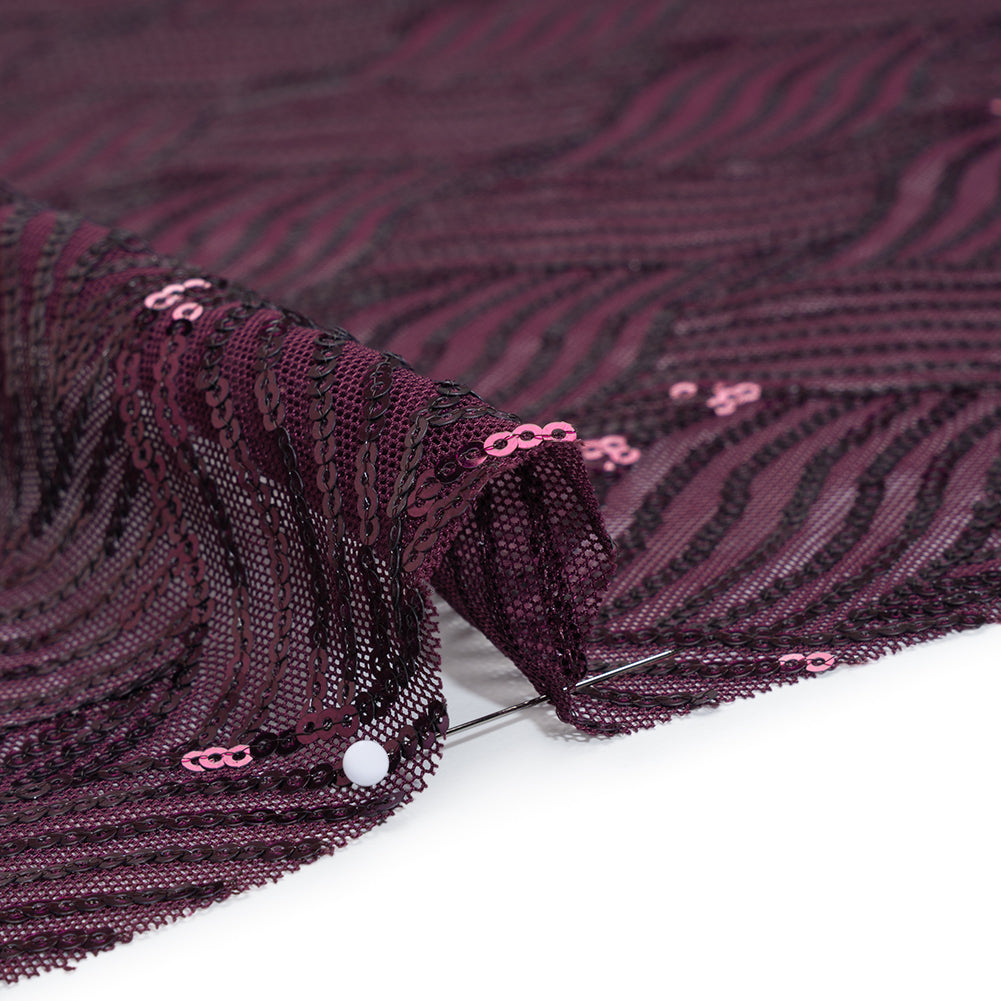 Stretch Polyester Mesh with Sequins - Plum Purple Wavey Weave - Designer Deadstock - Detail Stretch Polyester Mesh with Sequins - Plum Purple Wavey Weave - Designer Deadstock - Detail