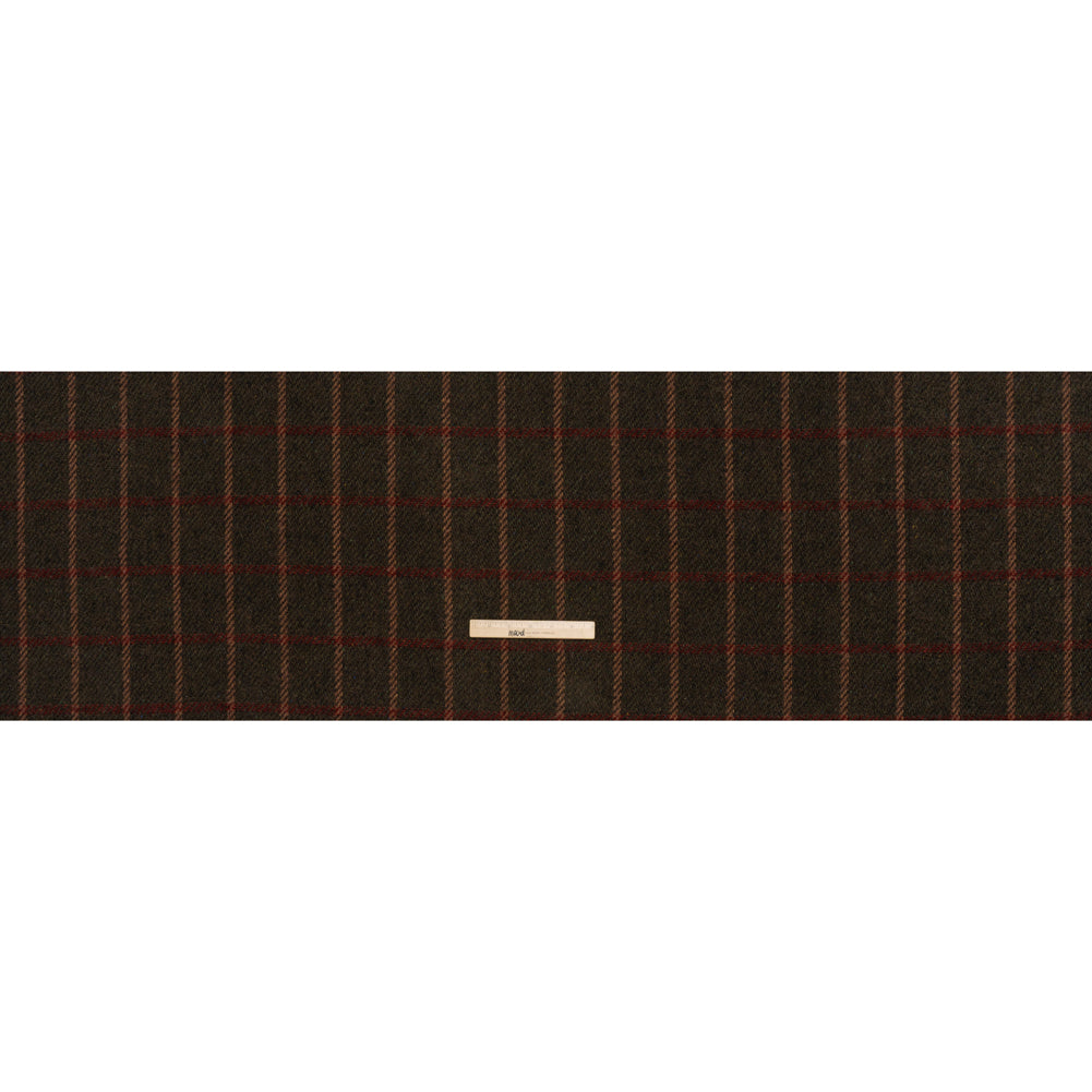 Wool Blend Tweedy Twill - Olive Brown, Tan and Red Plaid - Full Wool Blend Tweedy Twill - Olive Brown, Tan and Red Plaid - Full