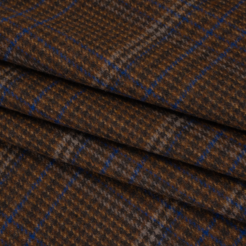 Wool Blend Tweed Twill - Brown, Cobalt Blue and Black Plaid - Folded Wool Blend Tweed Twill - Brown, Cobalt Blue and Black Plaid - Folded