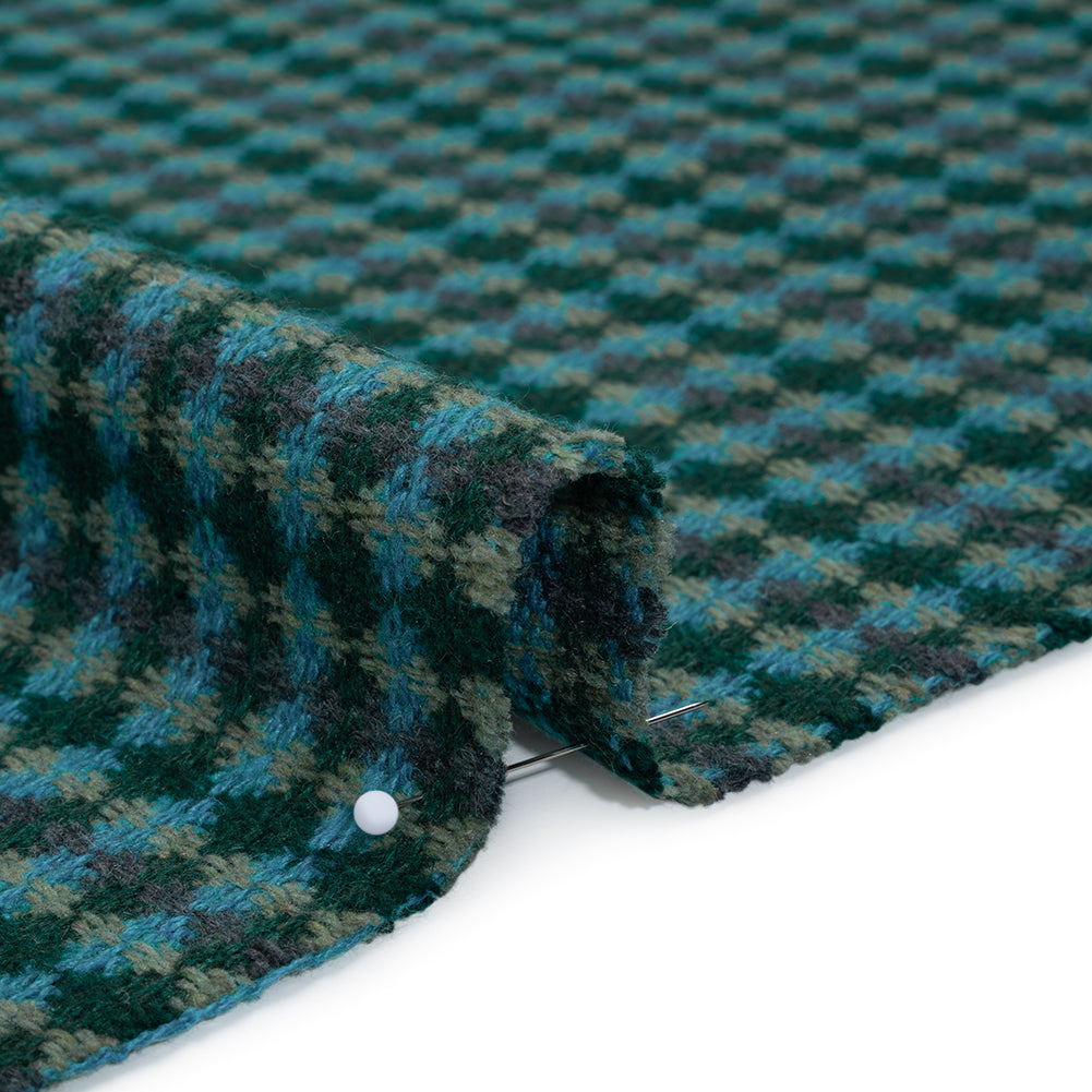 Wool Blend Tweedy Twill - Cerulean Blue, Olive and Dark Green Diamonds Detail Wool Blend Tweedy Twill - Cerulean Blue, Olive and Dark Green Diamonds Detail