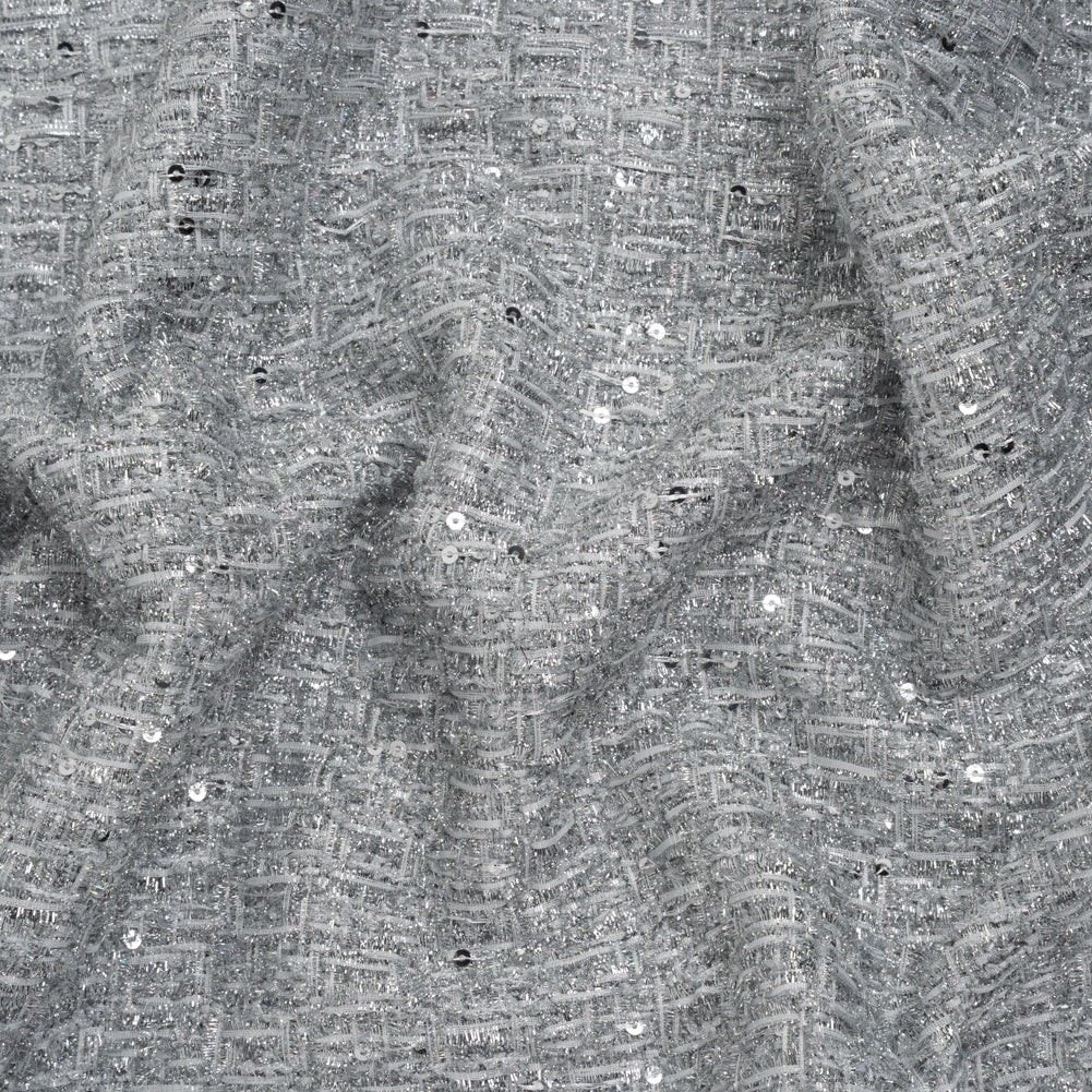 Metallic Embellished Tweed - Bright Silver with Sequins and Eyelash Fringe Metallic Embellished Tweed - Bright Silver with Sequins and Eyelash Fringe