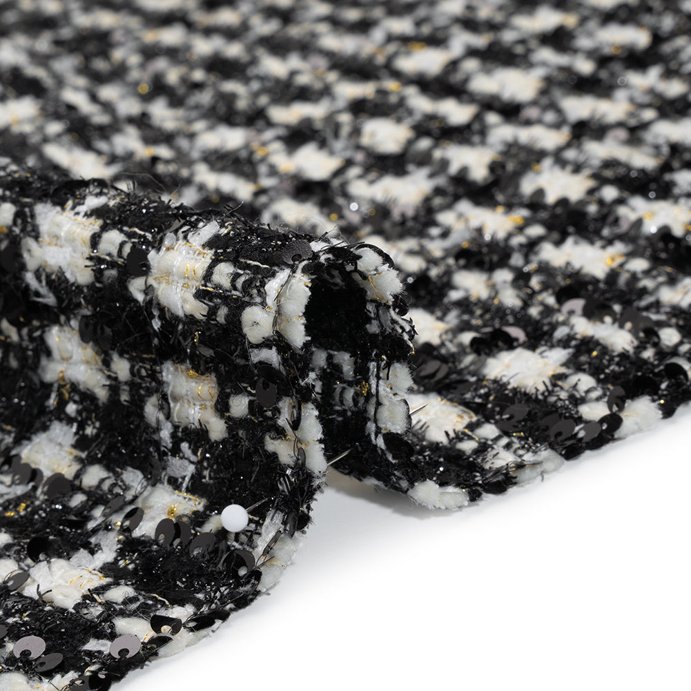 Sequined Polyester Blend Tweed - Black and White Plaid with Gold Accents - Detail Sequined Polyester Blend Tweed - Black and White Plaid with Gold Accents - Detail