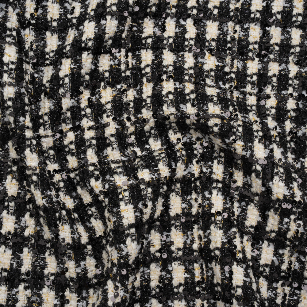 Sequined Polyester Blend Tweed - Black and White Plaid with Gold Accents Sequined Polyester Blend Tweed - Black and White Plaid with Gold Accents