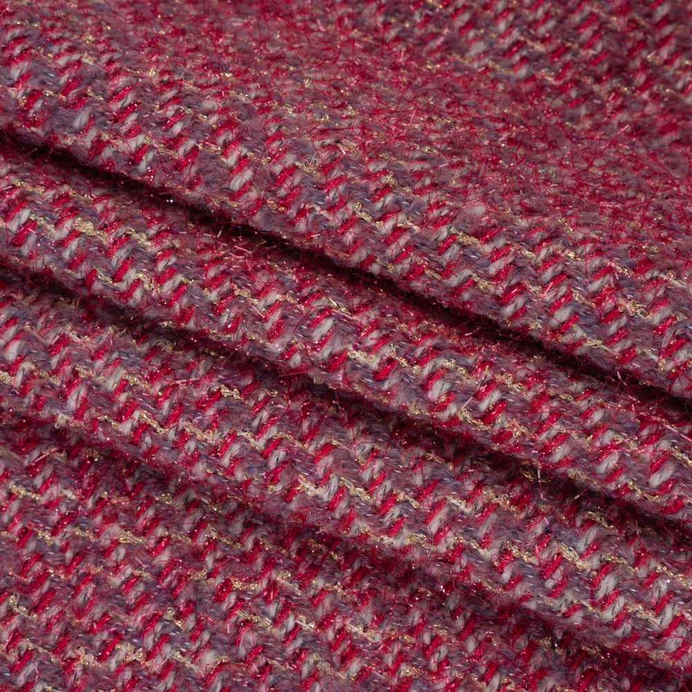 Polyester Twill Tweed with Metallic Eyelash Fringe - Magenta, Warm Purple and Gold - Folded Polyester Twill Tweed with Metallic Eyelash Fringe - Magenta, Warm Purple and Gold - Folded