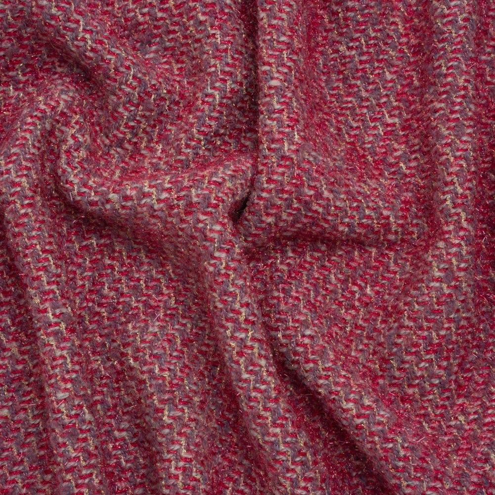 Polyester Twill Tweed with Metallic Eyelash Fringe - Magenta, Warm Purple and Gold Polyester Twill Tweed with Metallic Eyelash Fringe - Magenta, Warm Purple and Gold