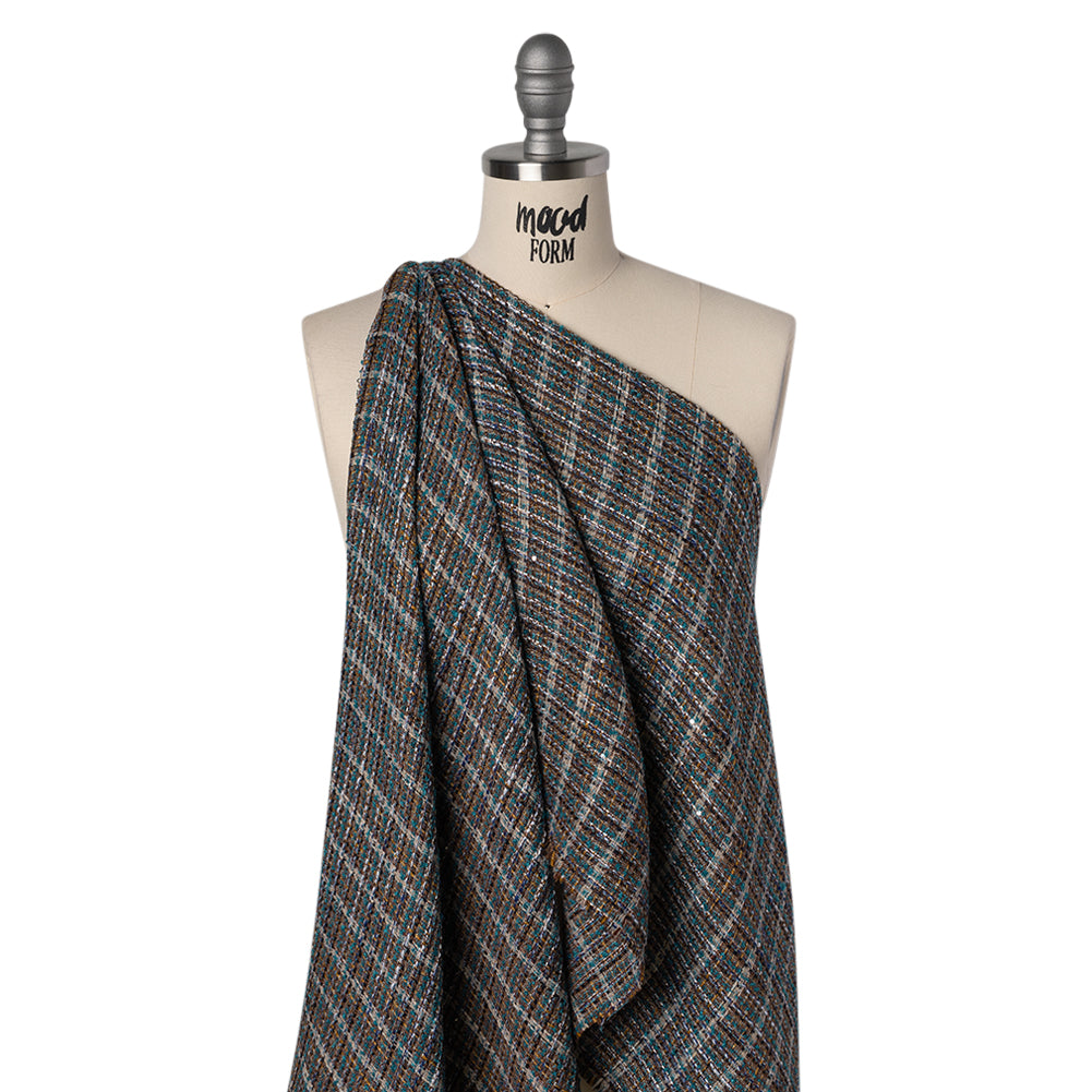 Polyester Tweed with Baby Sequins - Teal, Blue and Brown Plaid - Drape Polyester Tweed with Baby Sequins - Teal, Blue and Brown Plaid - Drape