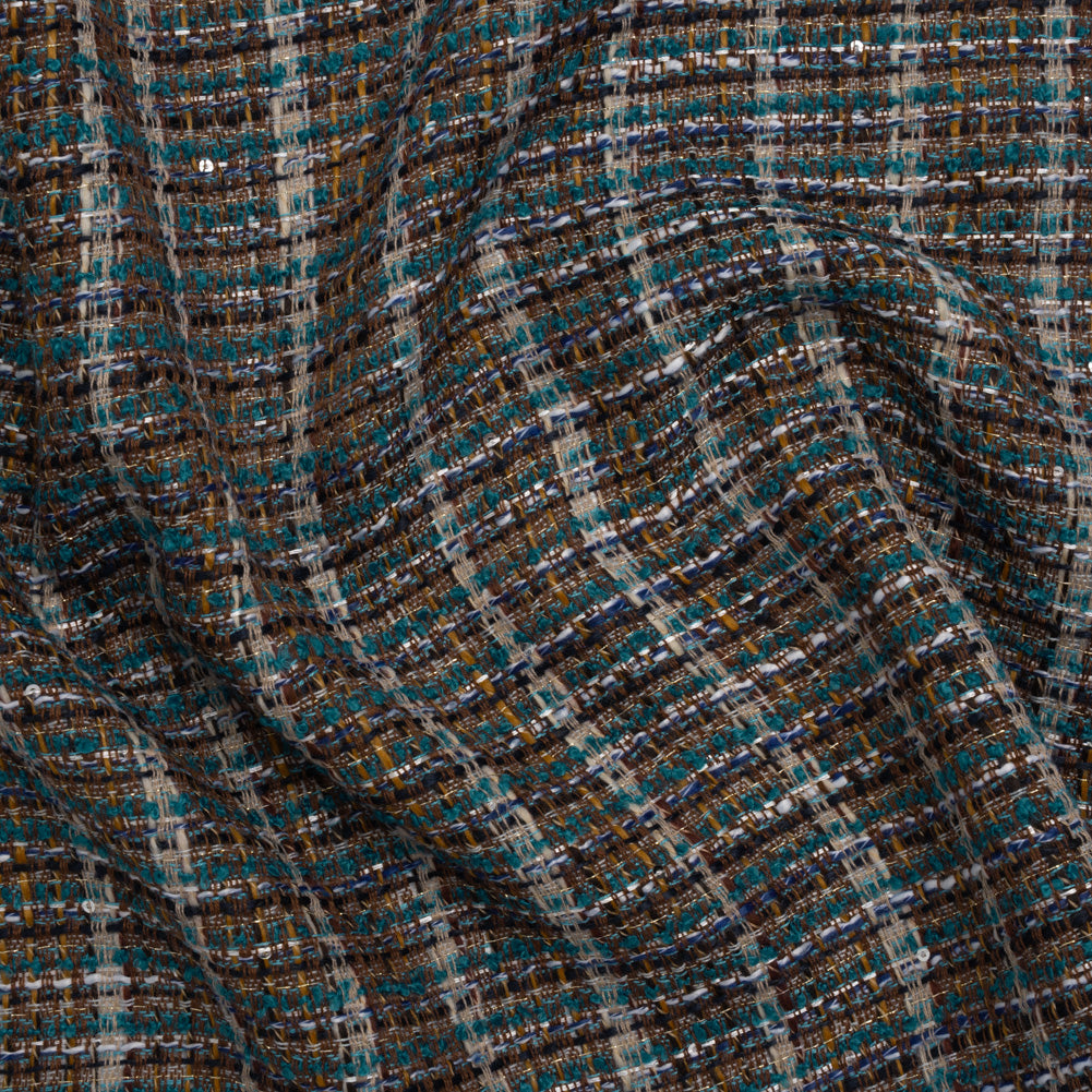 Polyester Tweed with Baby Sequins - Teal, Blue and Brown Plaid Polyester Tweed with Baby Sequins - Teal, Blue and Brown Plaid
