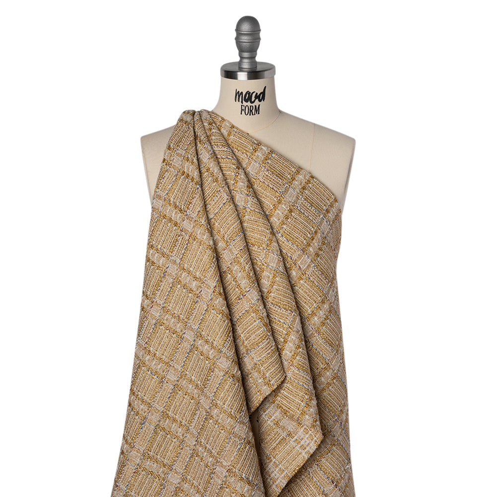 Metallic Polyester and Wool Tweed - Gold, Beige and Light Blue Subtle Plaid Drape Metallic Polyester and Wool Tweed - Gold, Beige and Light Blue Subtle Plaid Drape