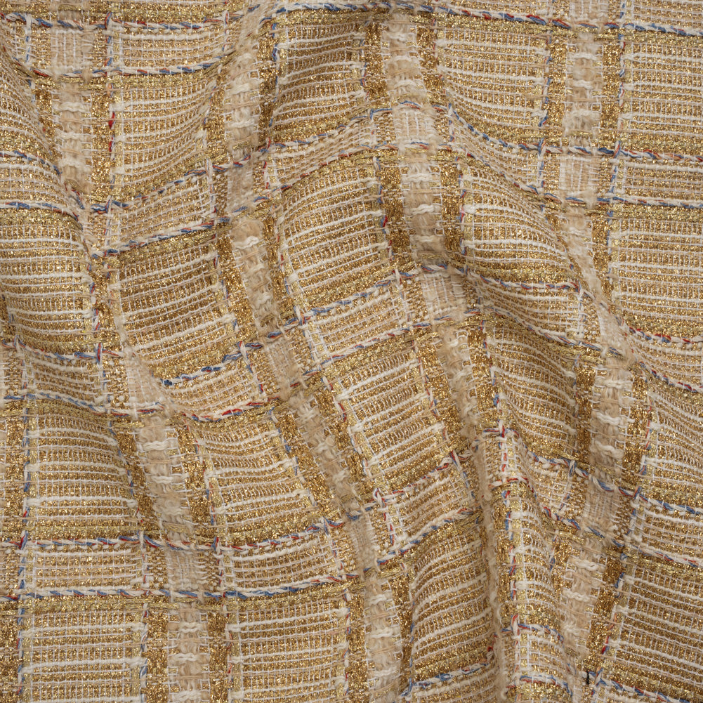 Metallic Polyester and Wool Tweed - Gold, Beige and Light Blue Subtle Plaid Metallic Polyester and Wool Tweed - Gold, Beige and Light Blue Subtle Plaid