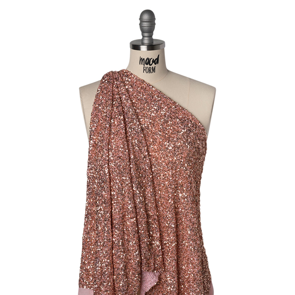 Recycled Polyester All-Over Circular Baby Sequins on Stretch Mesh - Pink - Divine Collection - Drape Recycled Polyester All-Over Circular Baby Sequins on Stretch Mesh - Pink - Divine Collection - Drape