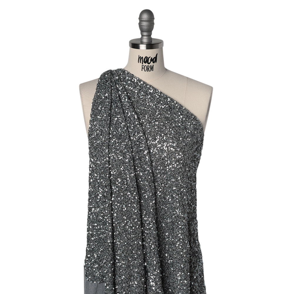 Recycled Polyester All-Over Circular Baby Sequins on Stretch Mesh - Silver - Divine Collection - Drape Recycled Polyester All-Over Circular Baby Sequins on Stretch Mesh - Silver - Divine Collection - Drape