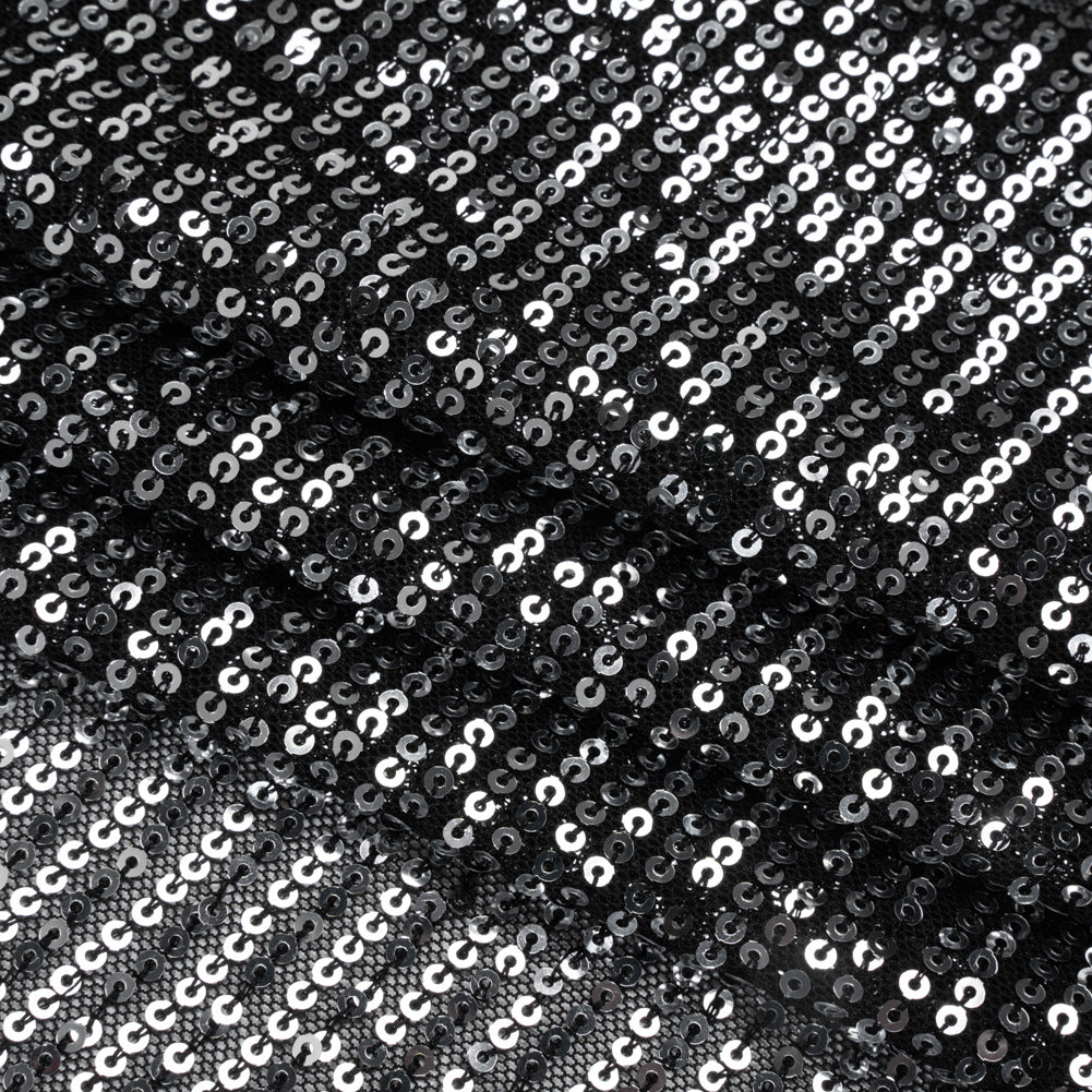 Recycled Polyester Circle Sequin Stripes on Stretch Mesh - Silver on Black - Transcendent Collection - Folded Recycled Polyester Circle Sequin Stripes on Stretch Mesh - Silver on Black - Transcendent Collection - Folded