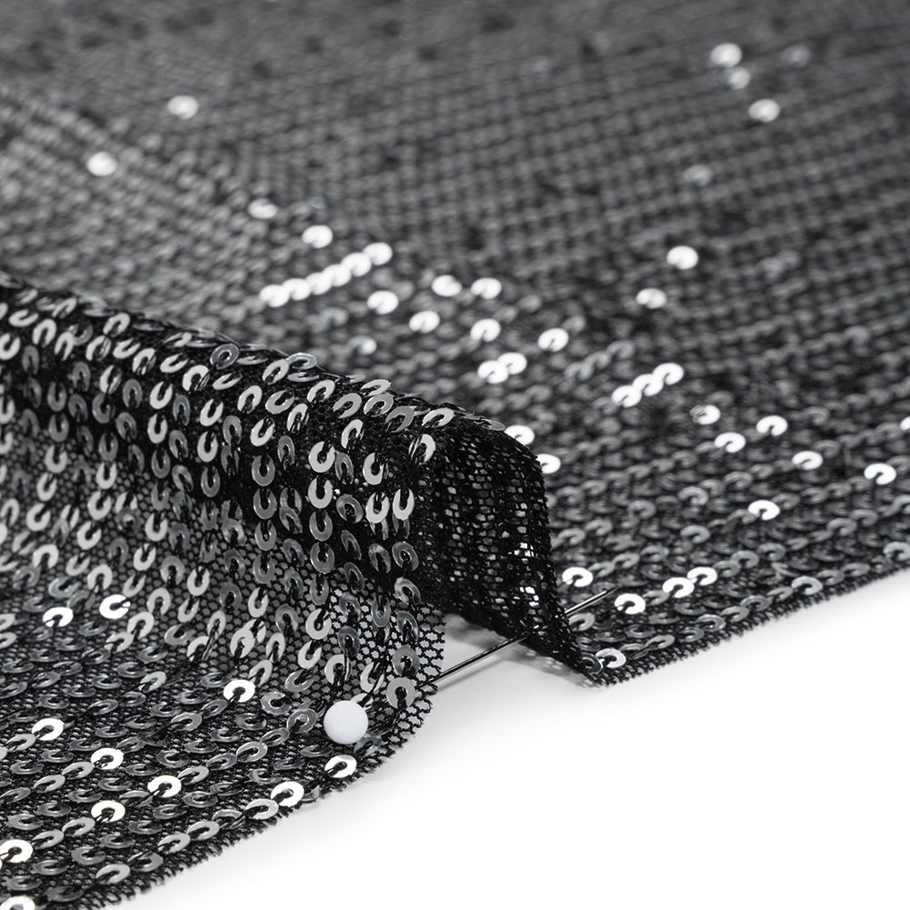 Recycled Polyester Circle Sequin Stripes on Stretch Mesh - Silver on Black - Transcendent Collection - Detail Recycled Polyester Circle Sequin Stripes on Stretch Mesh - Silver on Black - Transcendent Collection - Detail
