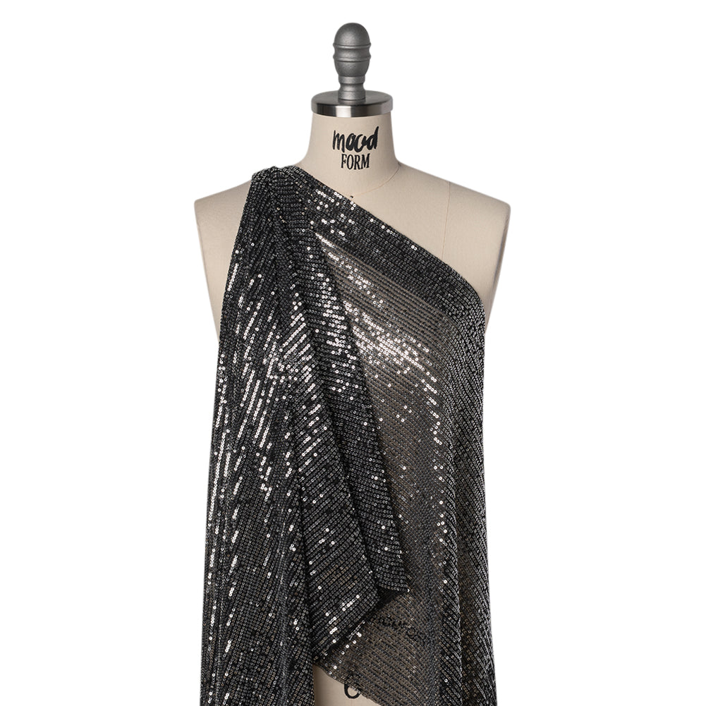 Recycled Polyester Circle Sequin Stripes on Stretch Mesh - Silver on Black - Transcendent Collection - Drape Recycled Polyester Circle Sequin Stripes on Stretch Mesh - Silver on Black - Transcendent Collection - Drape