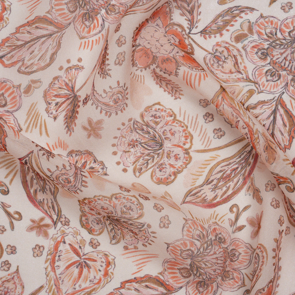 Silk Voile Print - Dusty Rose, Cream and Tan Paisleys and Flowers - Deadstock Silk Voile Print - Dusty Rose, Cream and Tan Paisleys and Flowers - Deadstock