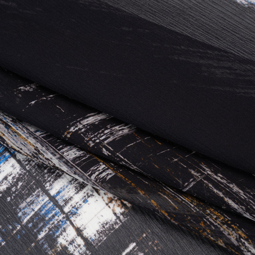 Crinkled Silk Chiffon Print - Black, Blue and White Brushy Plaid - Deadstock Folded Crinkled Silk Chiffon Print - Black, Blue and White Brushy Plaid - Deadstock Folded