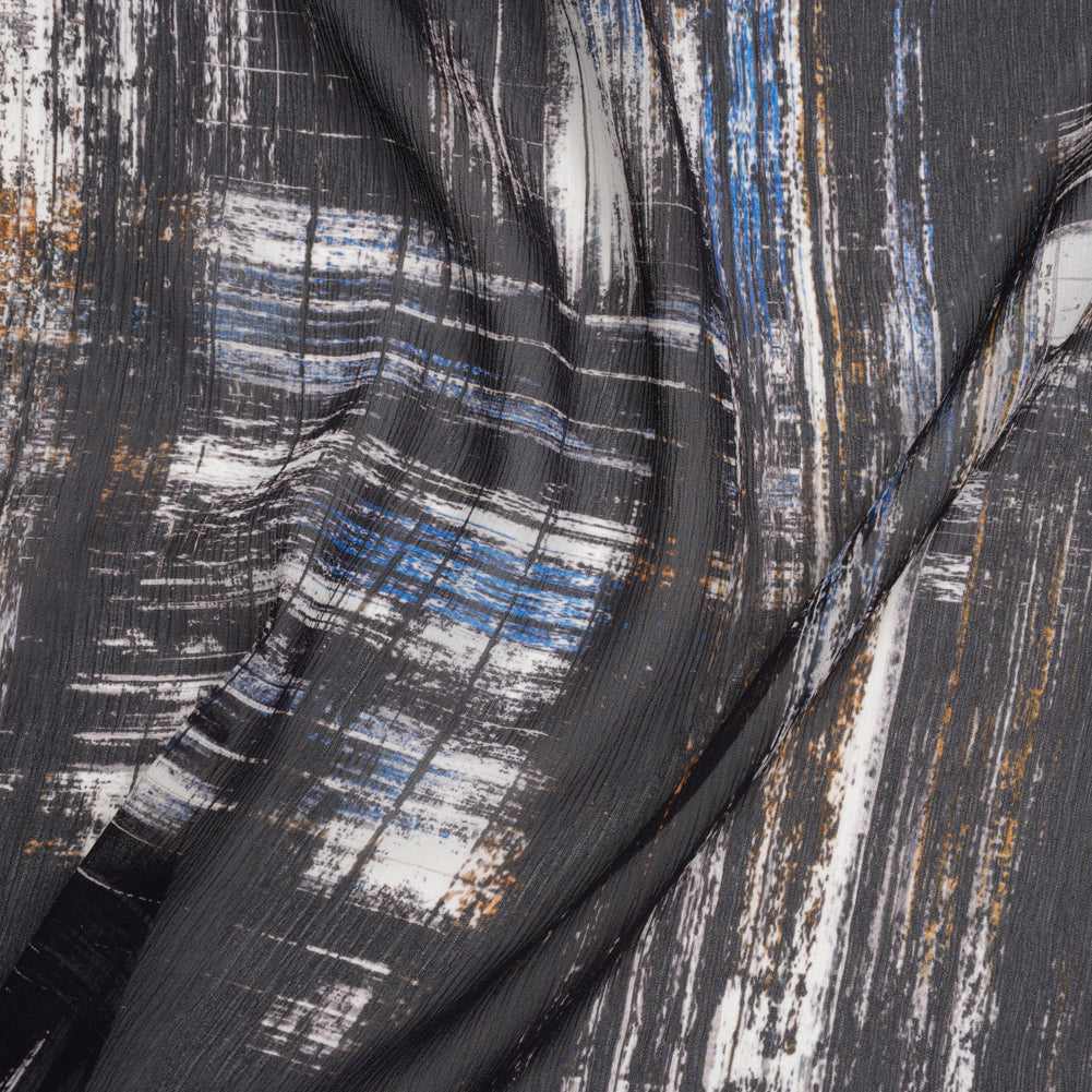 Crinkled Silk Chiffon Print - Black, Blue and White Brushy Plaid - Deadstock Crinkled Silk Chiffon Print - Black, Blue and White Brushy Plaid - Deadstock