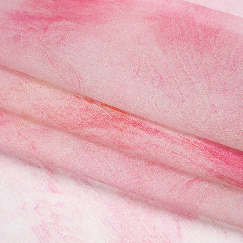 Crinkled Silk Chiffon Print - Pale Pink and Magenta Abstract Brush Strokes - Deadstock Folded Crinkled Silk Chiffon Print - Pale Pink and Magenta Abstract Brush Strokes - Deadstock Folded