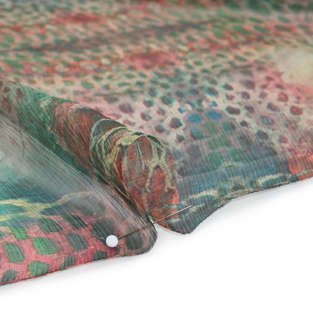 Crinkled Silk Chiffon Print - Red and Green Snakeskin - Deadstock Detail Crinkled Silk Chiffon Print - Red and Green Snakeskin - Deadstock Detail
