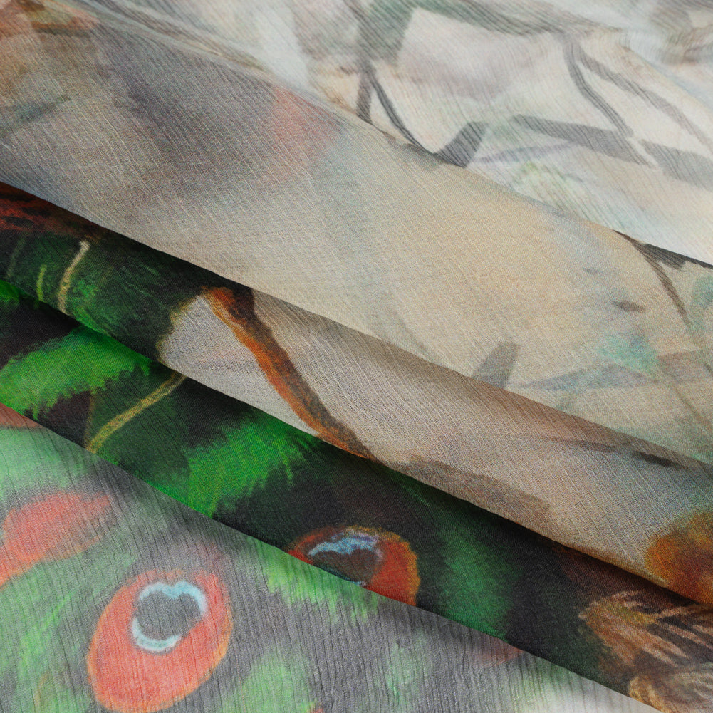 Crinkled Silk Chiffon Panel - Green, Pale Yellow and Gray Big Green Peacocks - Deadstock Folded Crinkled Silk Chiffon Panel - Green, Pale Yellow and Gray Big Green Peacocks - Deadstock Folded
