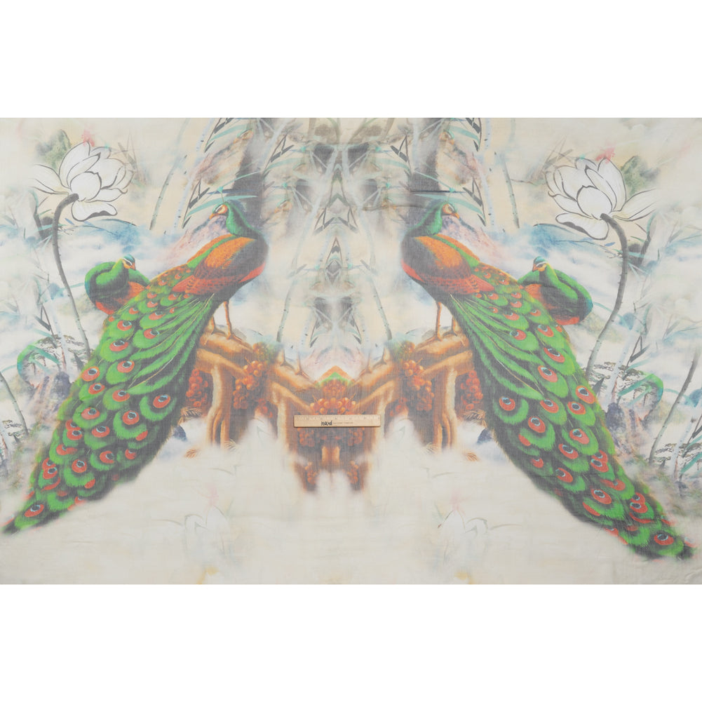 Crinkled Silk Chiffon Panel - Green, Pale Yellow and Gray Big Green Peacocks - Deadstock - Full Crinkled Silk Chiffon Panel - Green, Pale Yellow and Gray Big Green Peacocks - Deadstock - Full