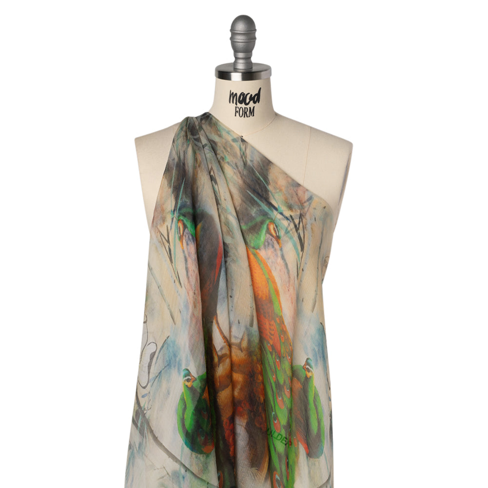 Crinkled Silk Chiffon Panel - Green, Pale Yellow and Gray Big Green Peacocks - Deadstock Drape Crinkled Silk Chiffon Panel - Green, Pale Yellow and Gray Big Green Peacocks - Deadstock Drape