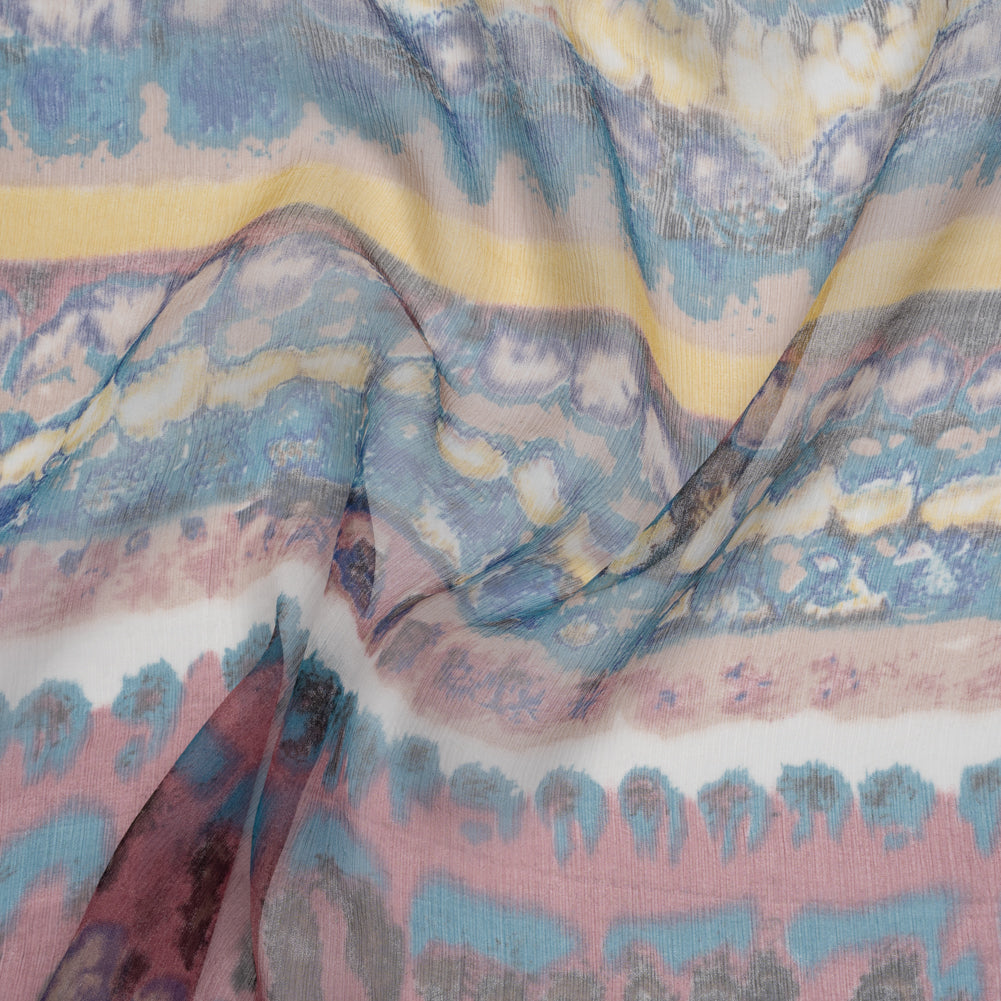 Crinkled Silk Chiffon Print - Dark Rose, Teal and Yellow Inkblot Abstract Stripes - Deadstock Crinkled Silk Chiffon Print - Dark Rose, Teal and Yellow Inkblot Abstract Stripes - Deadstock
