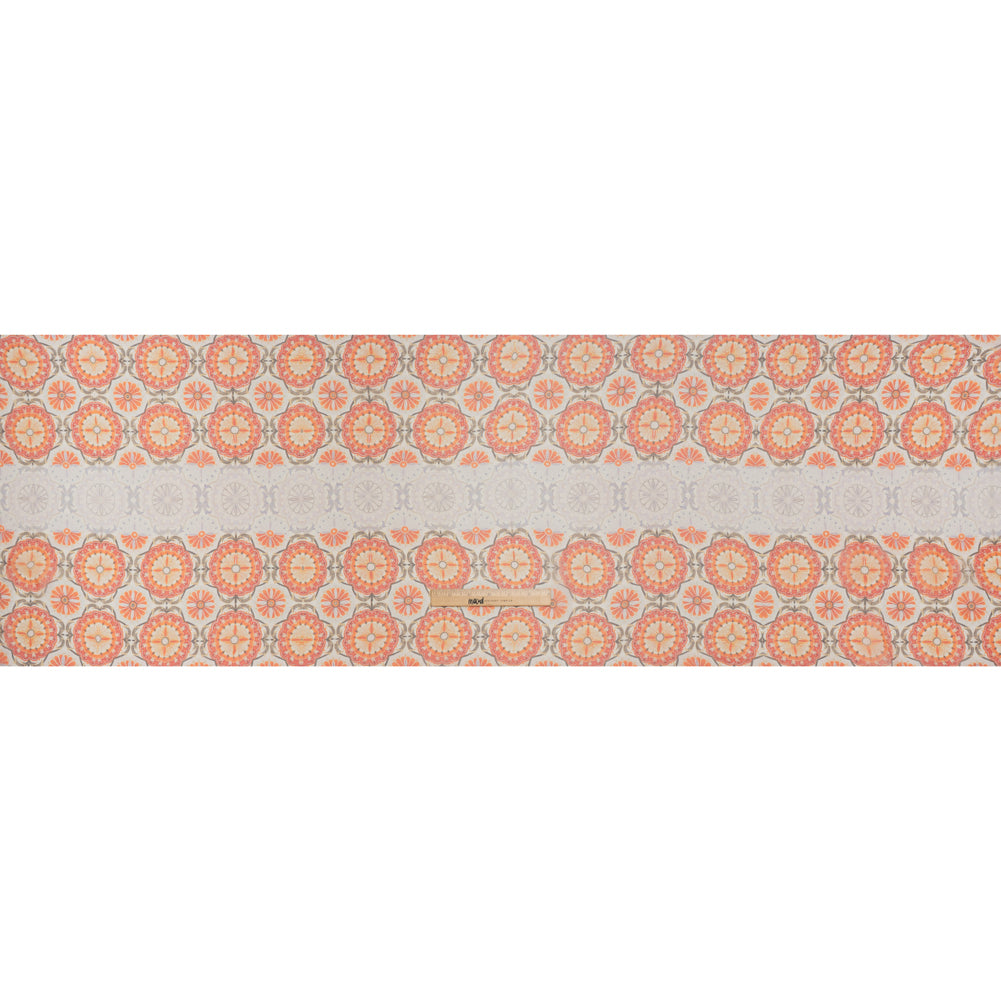 Crinkled Silk Chiffon Print - Orange, Red and Pale Lilac Floral Stripes - Deadstock - Full Crinkled Silk Chiffon Print - Orange, Red and Pale Lilac Floral Stripes - Deadstock - Full