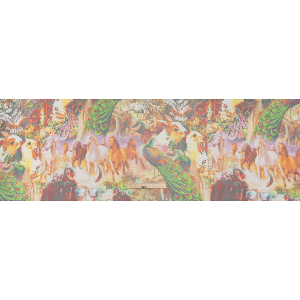 Crinkled Silk Chiffon Print - Green, Gold, and Red Flowers and Animals - Deadstock - Full Crinkled Silk Chiffon Print - Green, Gold, and Red Flowers and Animals - Deadstock - Full